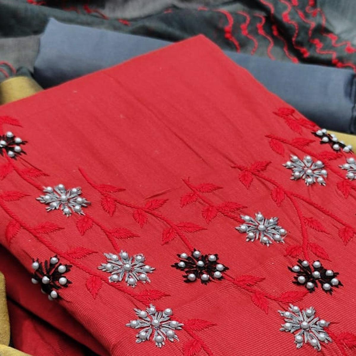Graceful Red Colored Casual Wear Embroidered Cotton Dress Material - Peachmode
