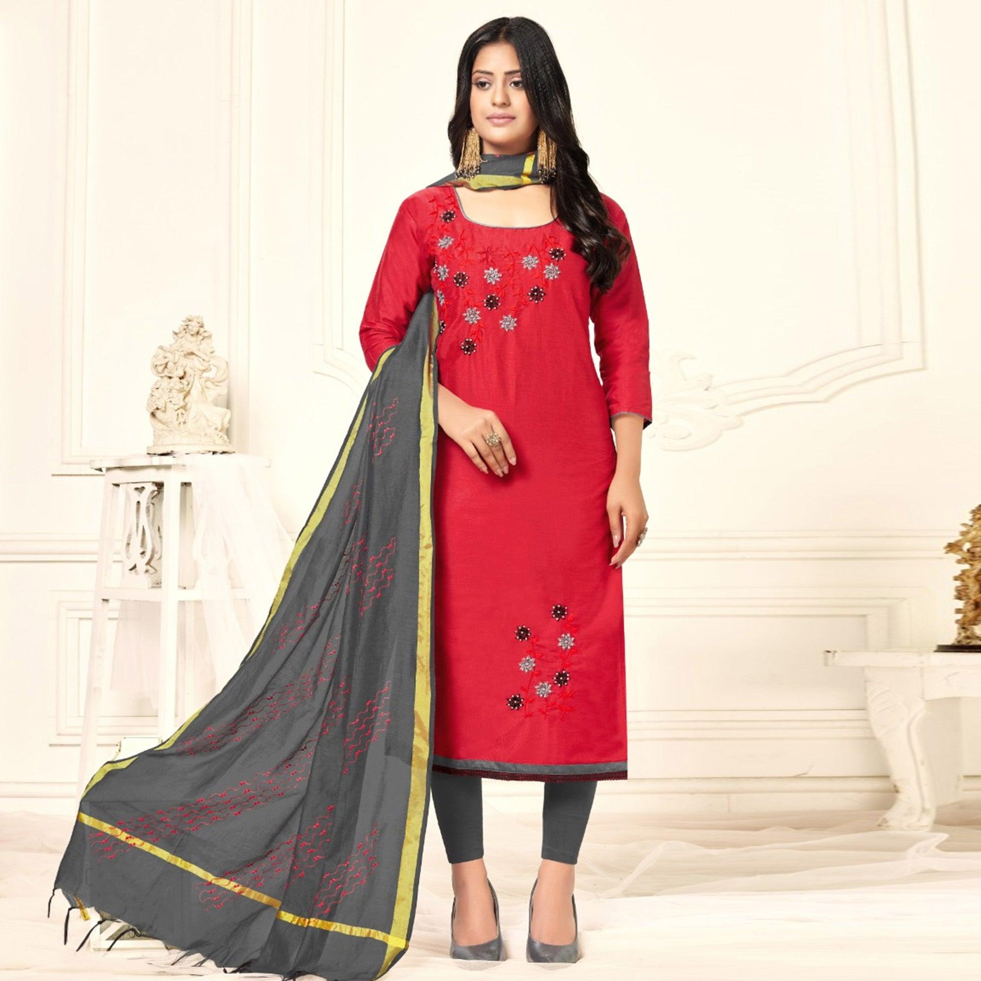 Graceful Red Colored Casual Wear Embroidered Cotton Dress Material - Peachmode