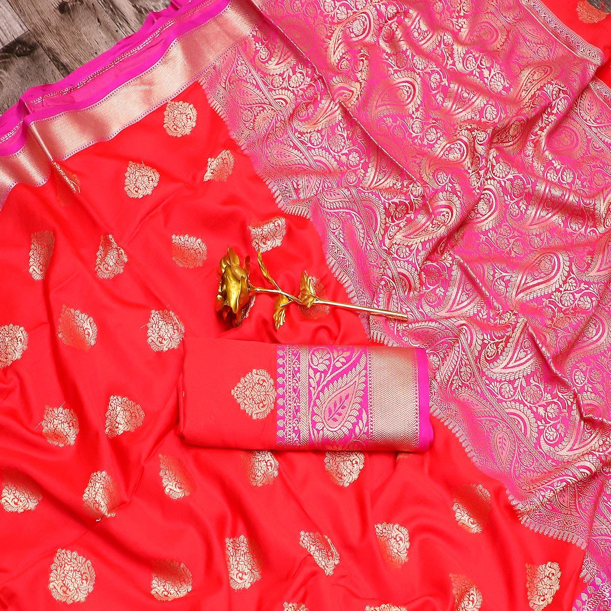 Graceful Red Colored Festive Wear Woven Banarasi Silk Saree - Peachmode
