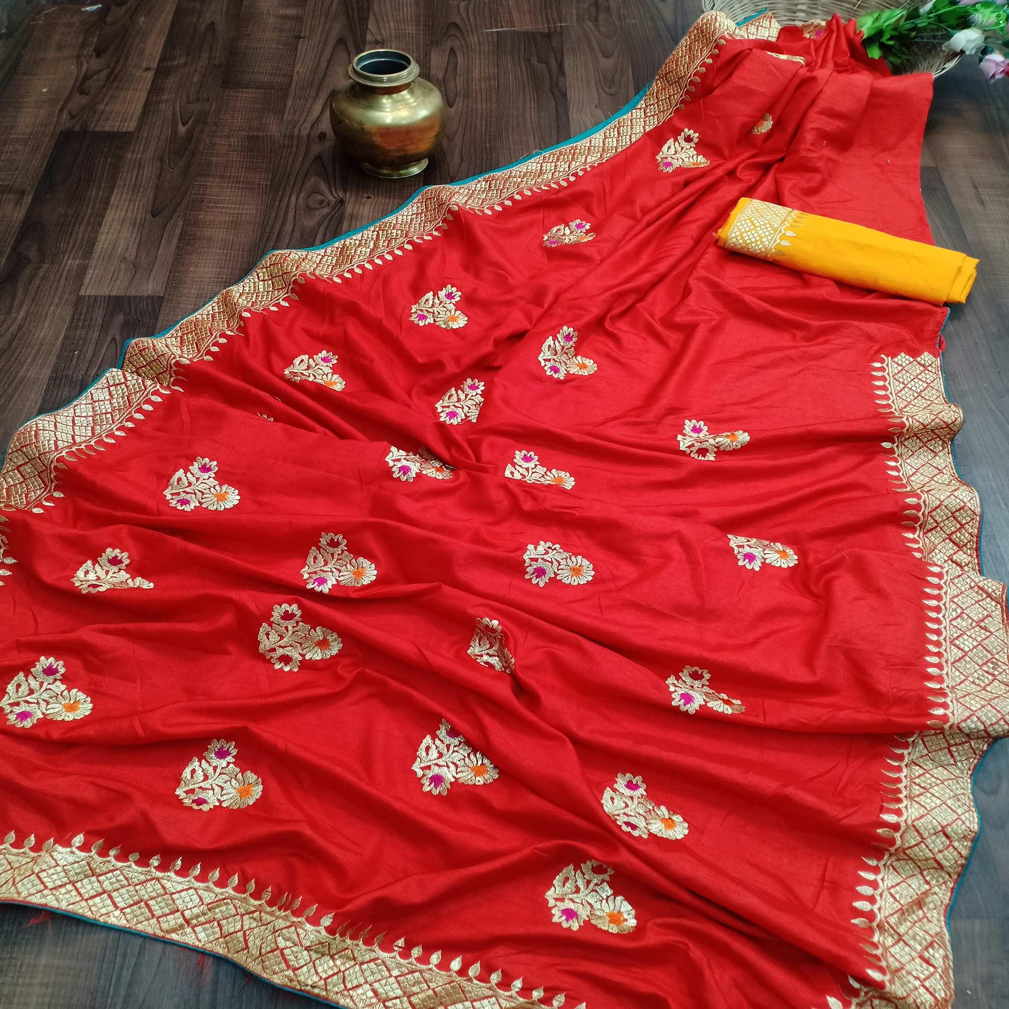 Graceful Red Colored Festive Wear Woven Dola Silk Saree - Peachmode