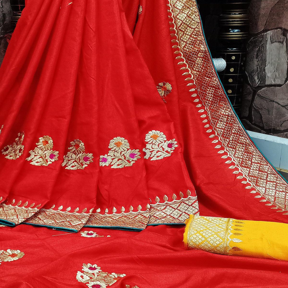 Graceful Red Colored Festive Wear Woven Dola Silk Saree - Peachmode