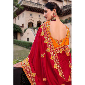 Graceful Red Colored Partywear Embroidered Satin - Gerogette Saree - Peachmode