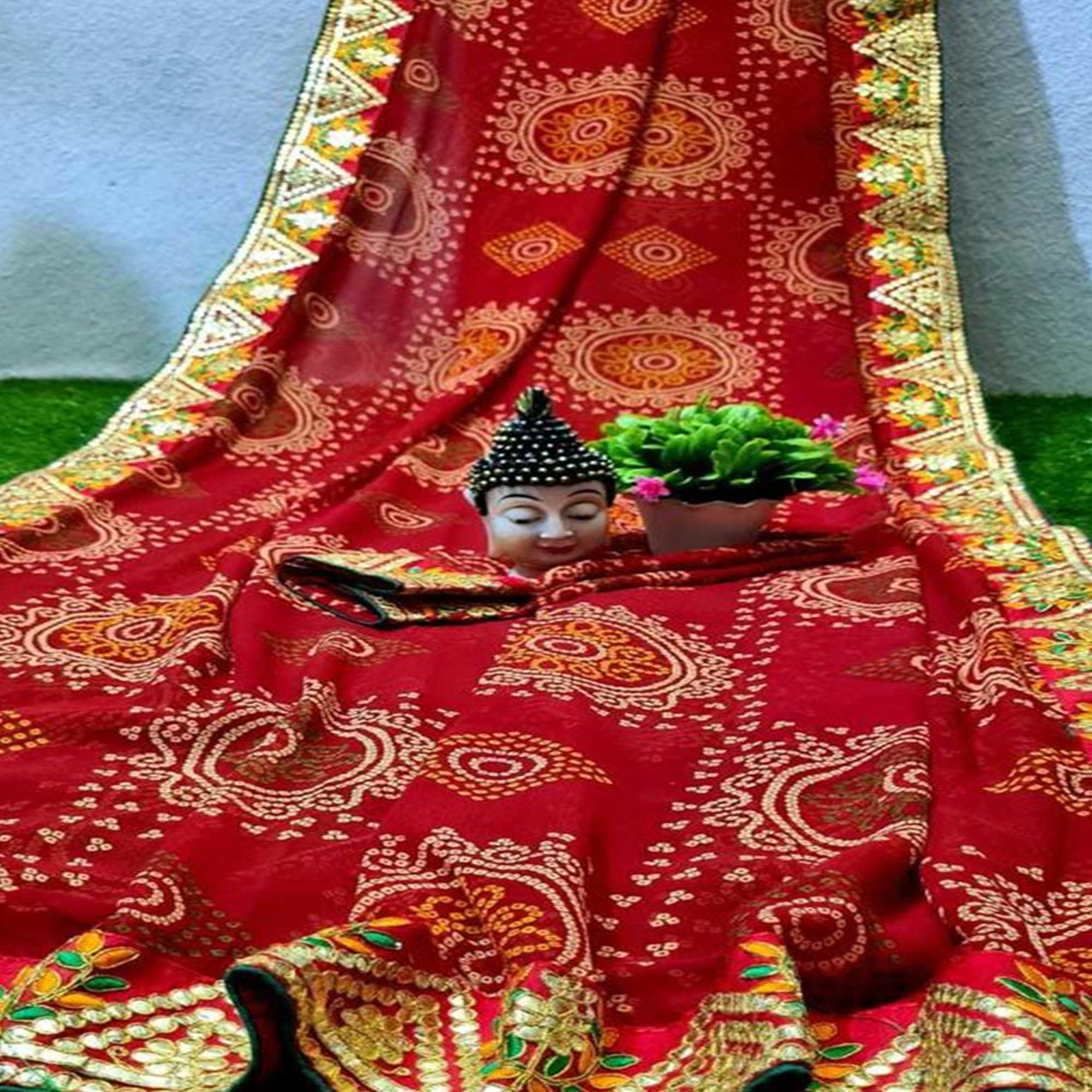 Graceful Red Coloured Casual Wear Printed Georgette Saree - Peachmode