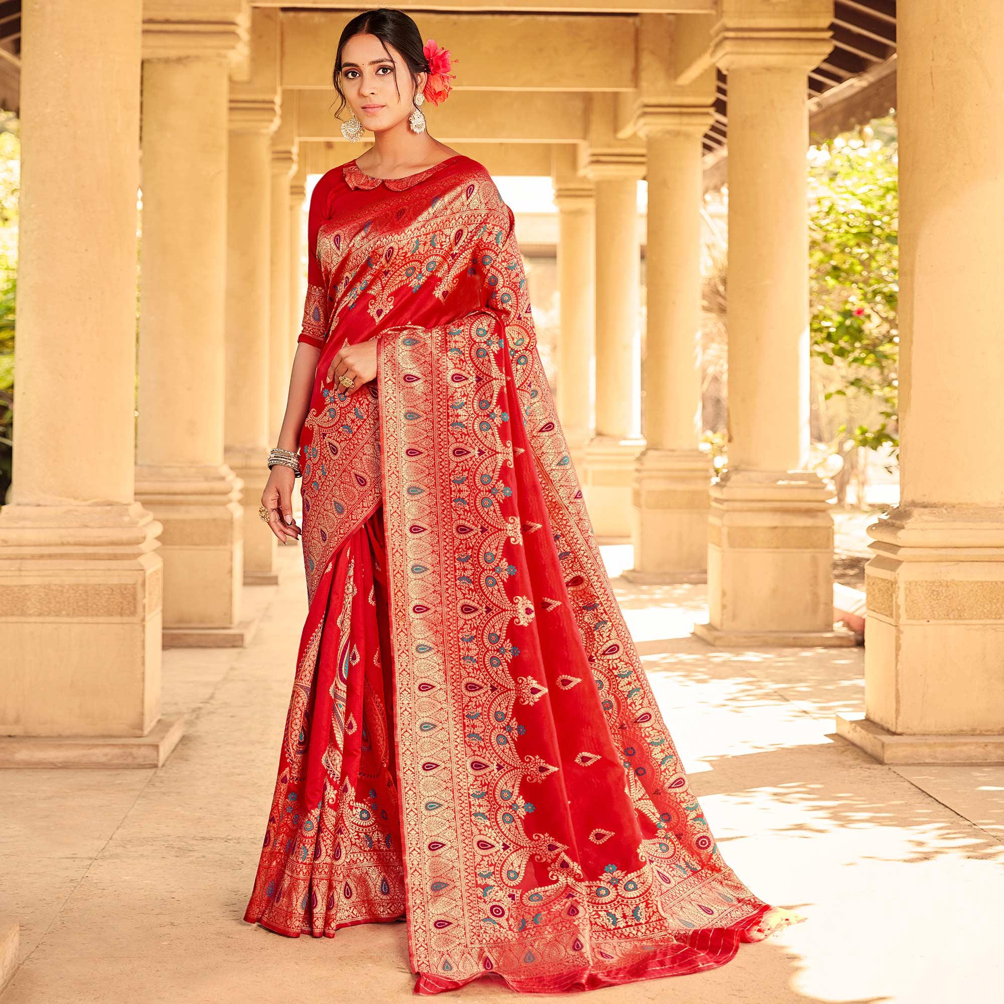 Graceful Red Coloured Designer Partywear Weaving Silk Saree - Peachmode