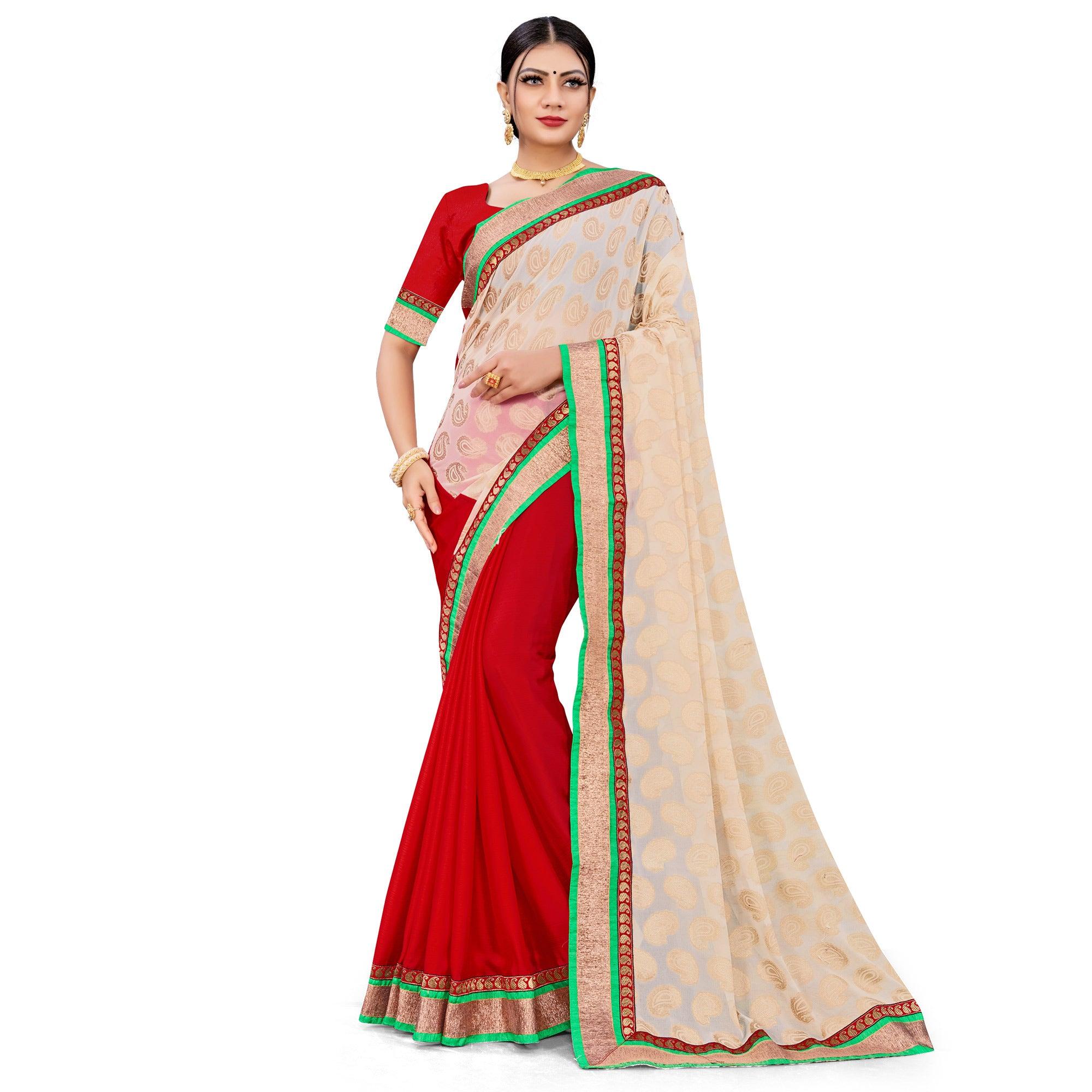 Graceful Red-Cream Colored party Wear Georgette Half-Half Saree - Peachmode