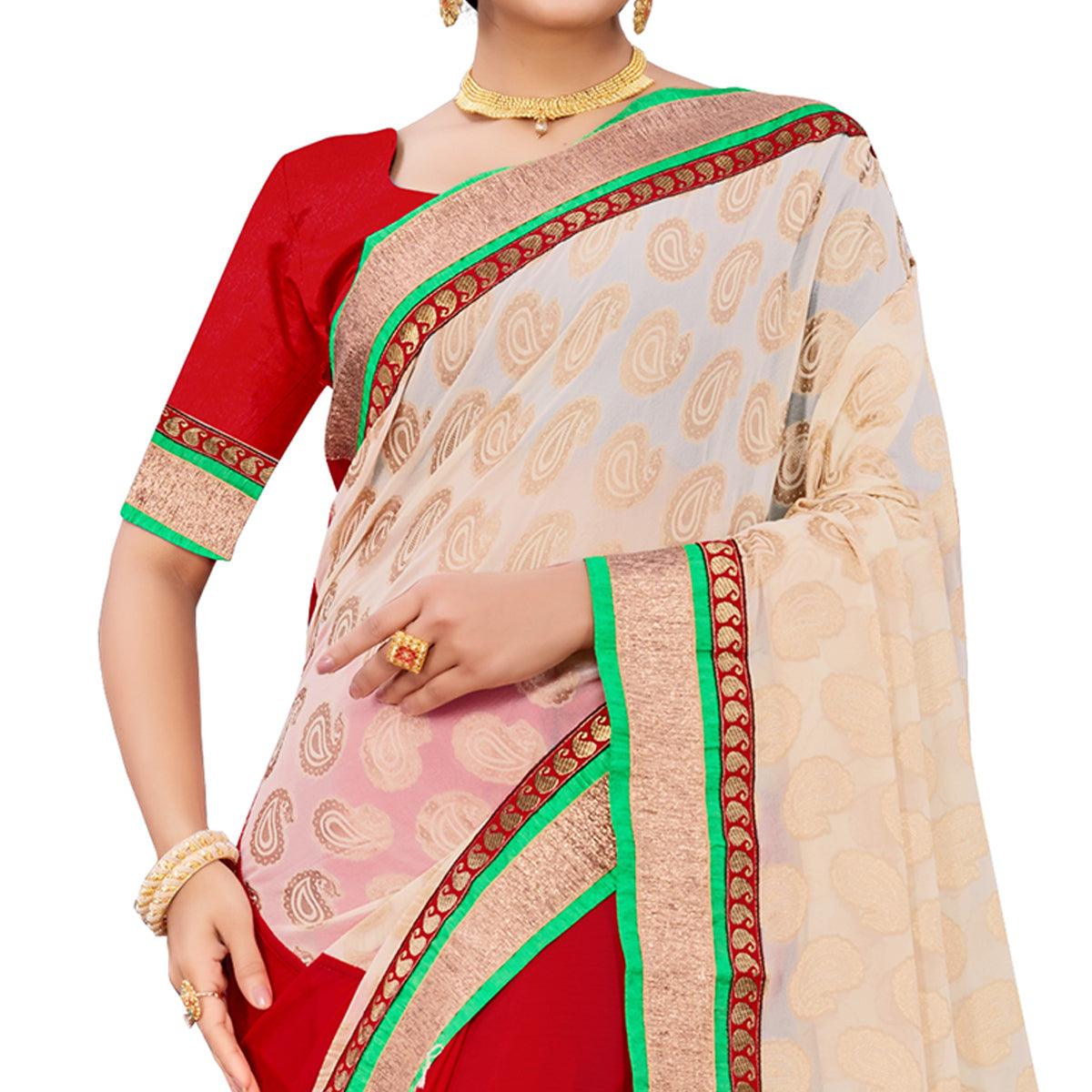 Graceful Red-Cream Colored party Wear Georgette Half-Half Saree - Peachmode