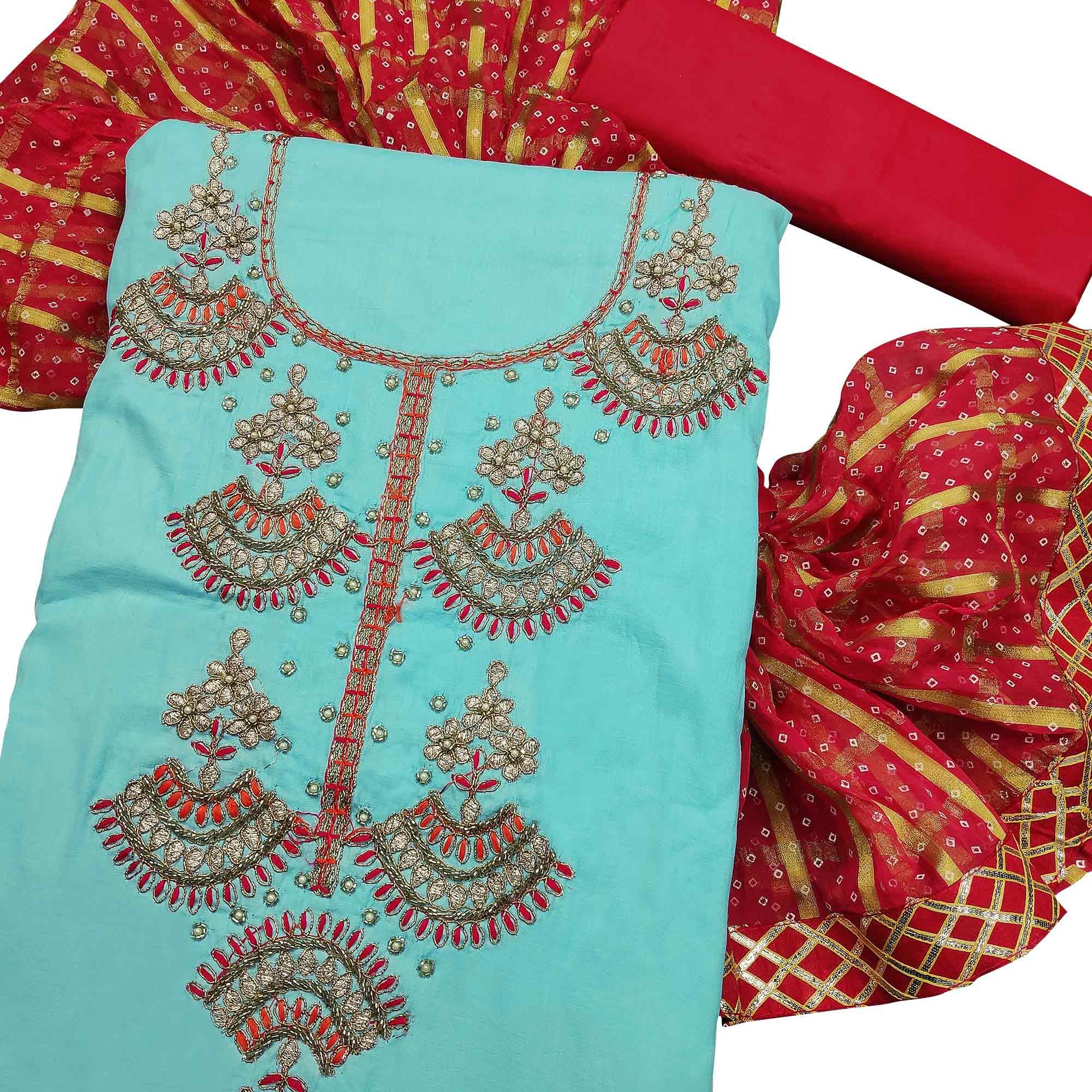 Graceful Sky Blue Colored Partywear Embroidered Cotton Dress Material - Peachmode