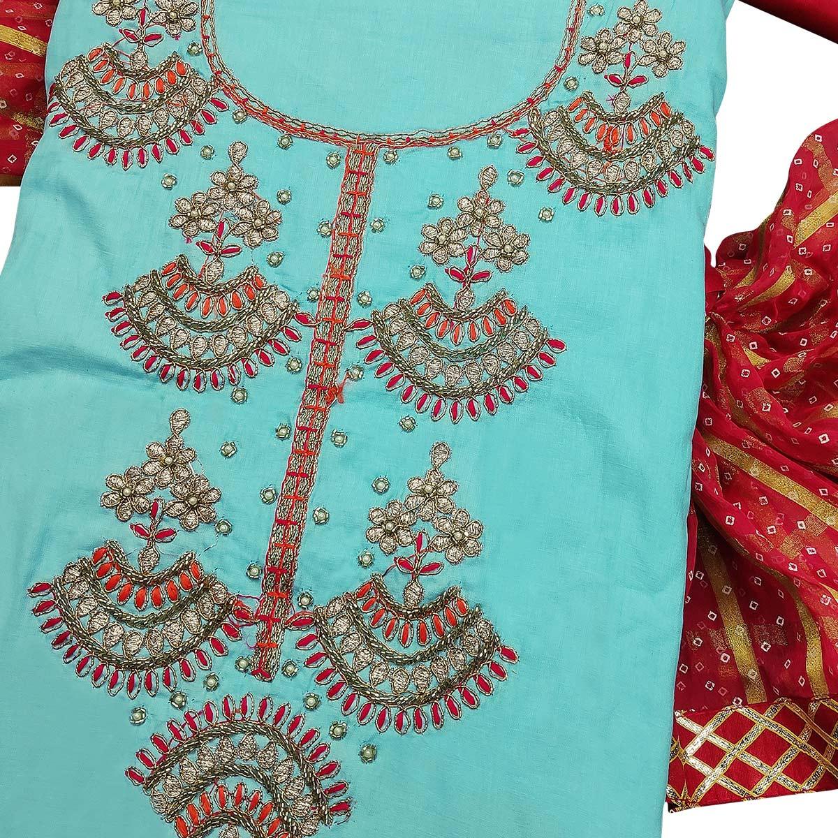 Graceful Sky Blue Colored Partywear Embroidered Cotton Dress Material - Peachmode