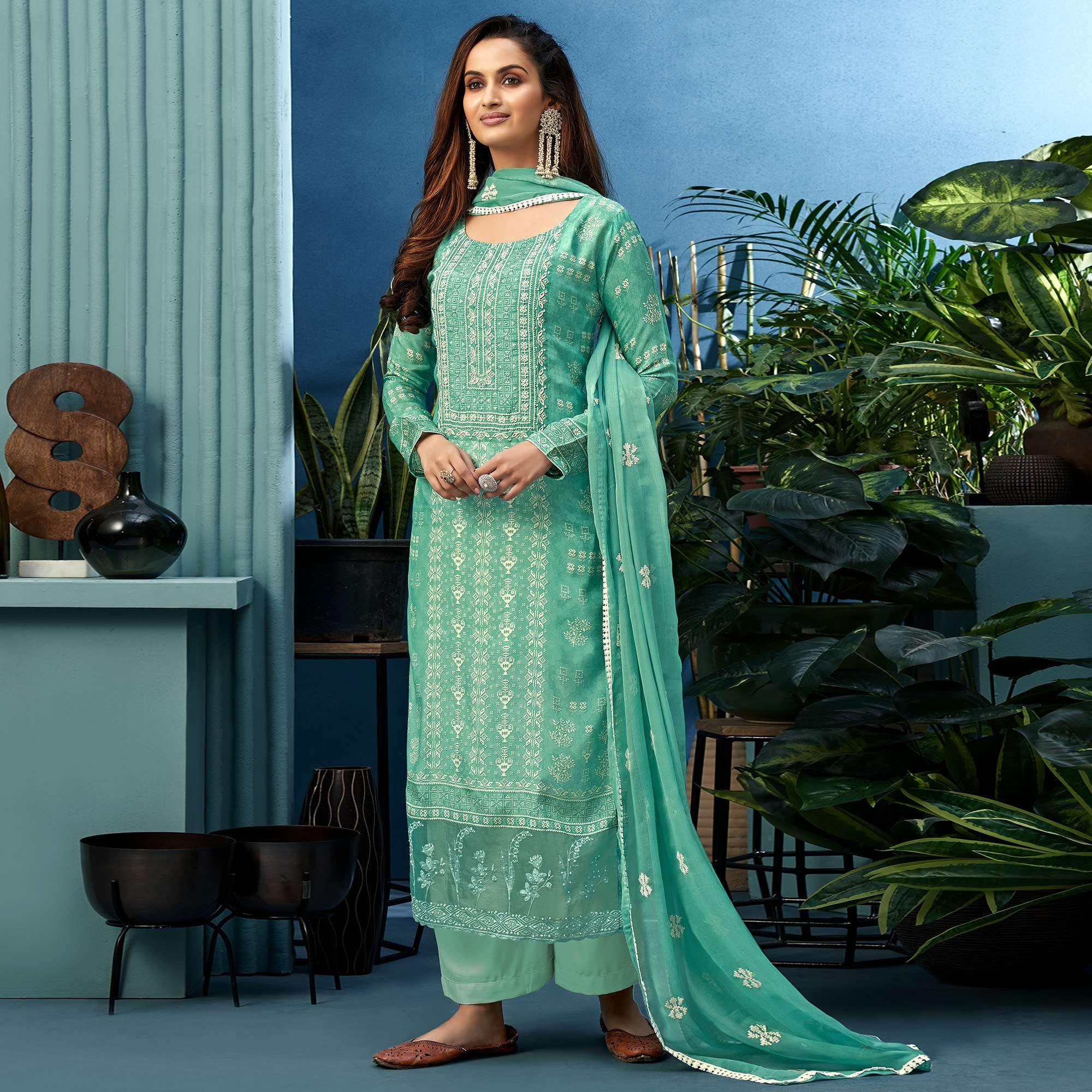 Graceful Turquoise Blue Colored Partywear Digital Printed Pure Muslin Palazzo Suit - Peachmode