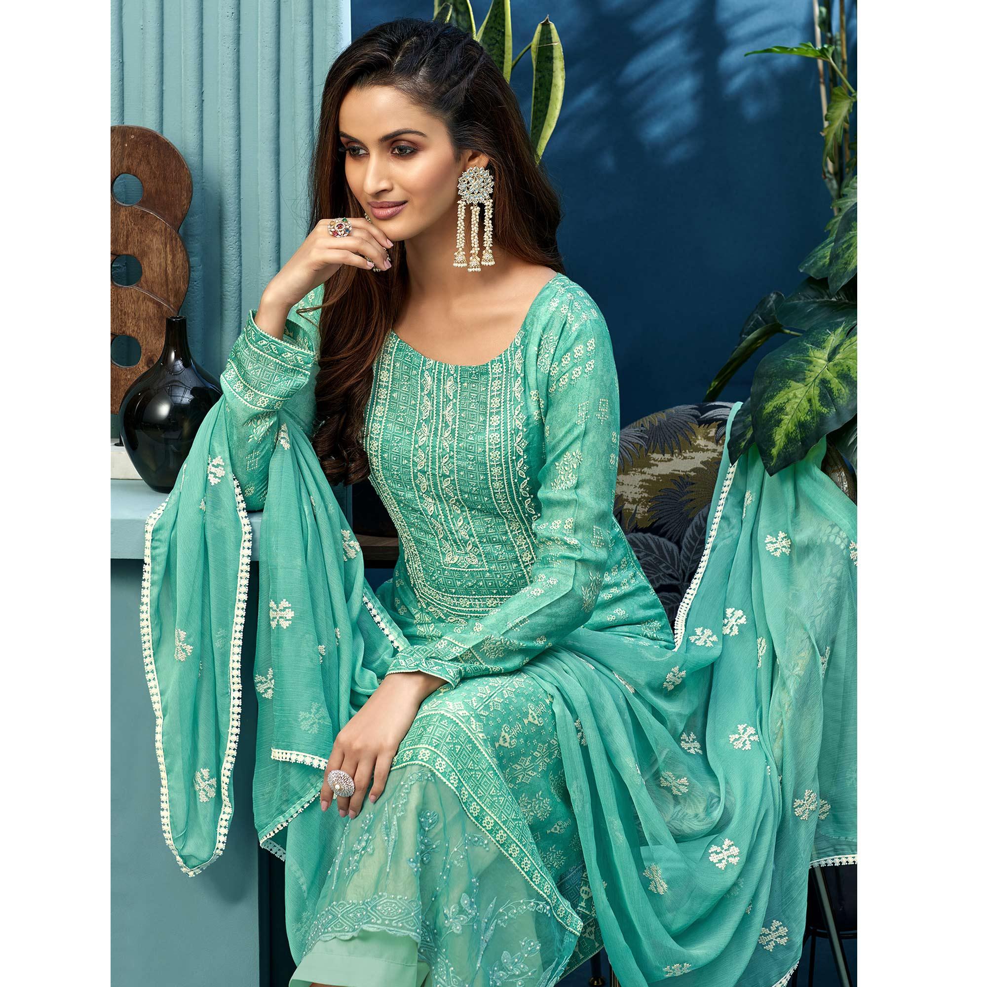 Graceful Turquoise Blue Colored Partywear Digital Printed Pure Muslin Palazzo Suit - Peachmode
