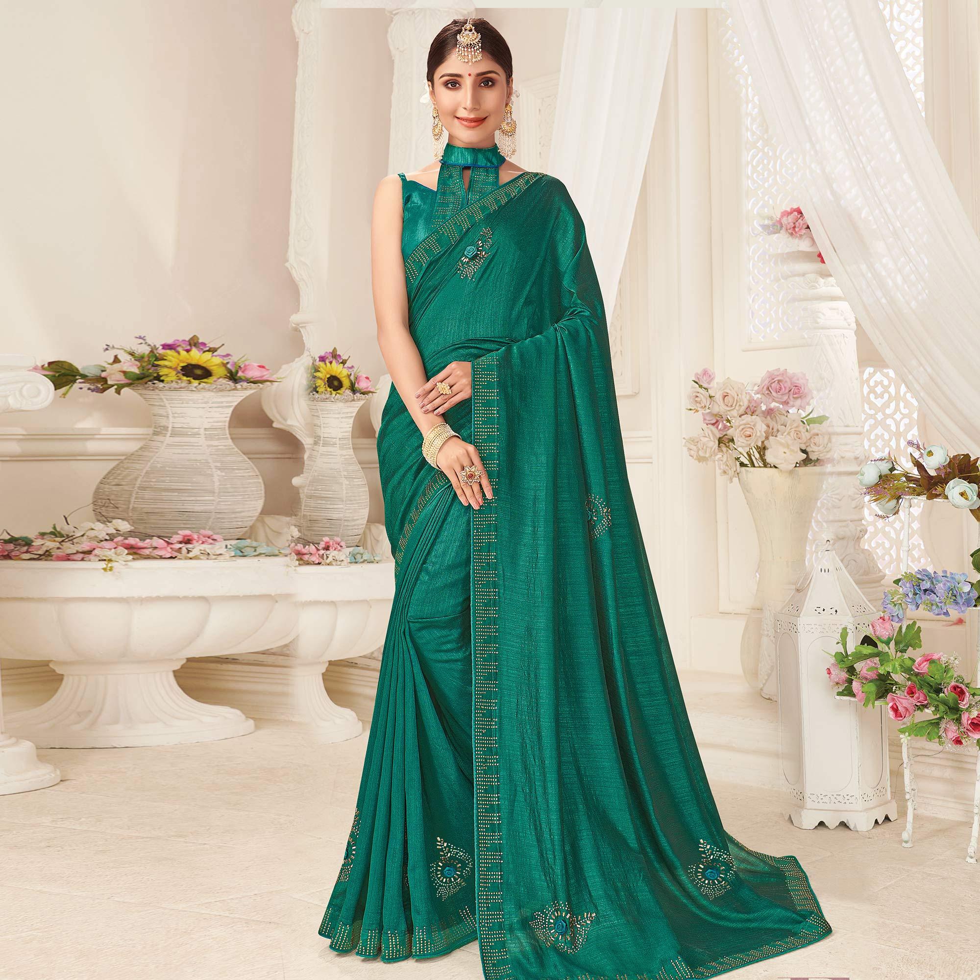 Graceful Turquoise Green Colored Partywear Emboidered Vichitra Silk Saree - Peachmode