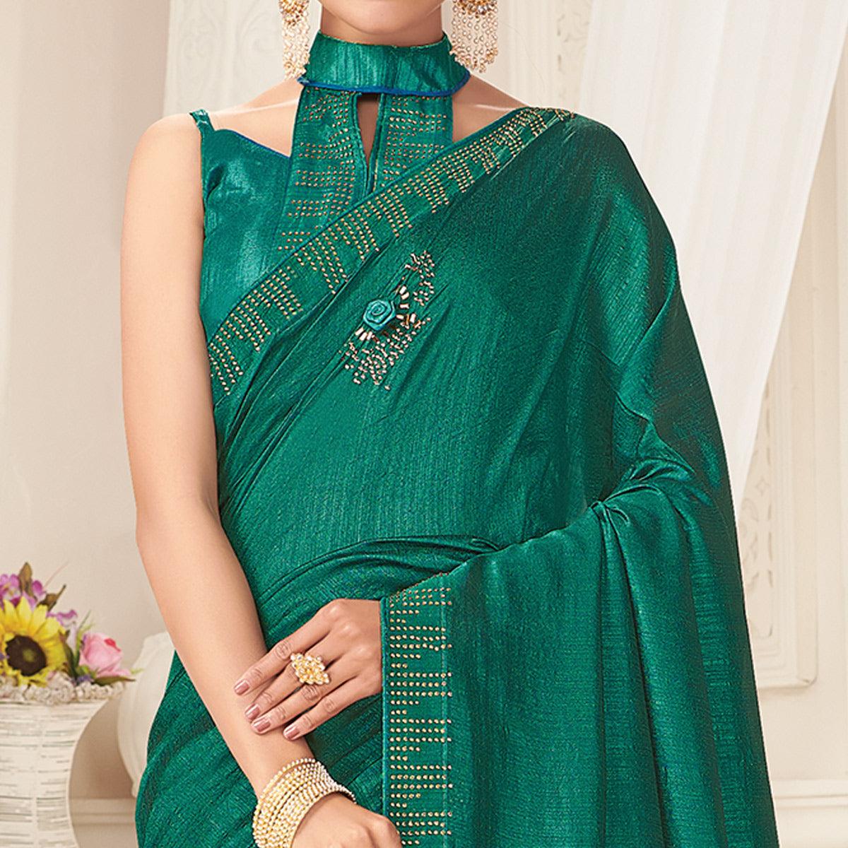 Graceful Turquoise Green Colored Partywear Emboidered Vichitra Silk Saree - Peachmode