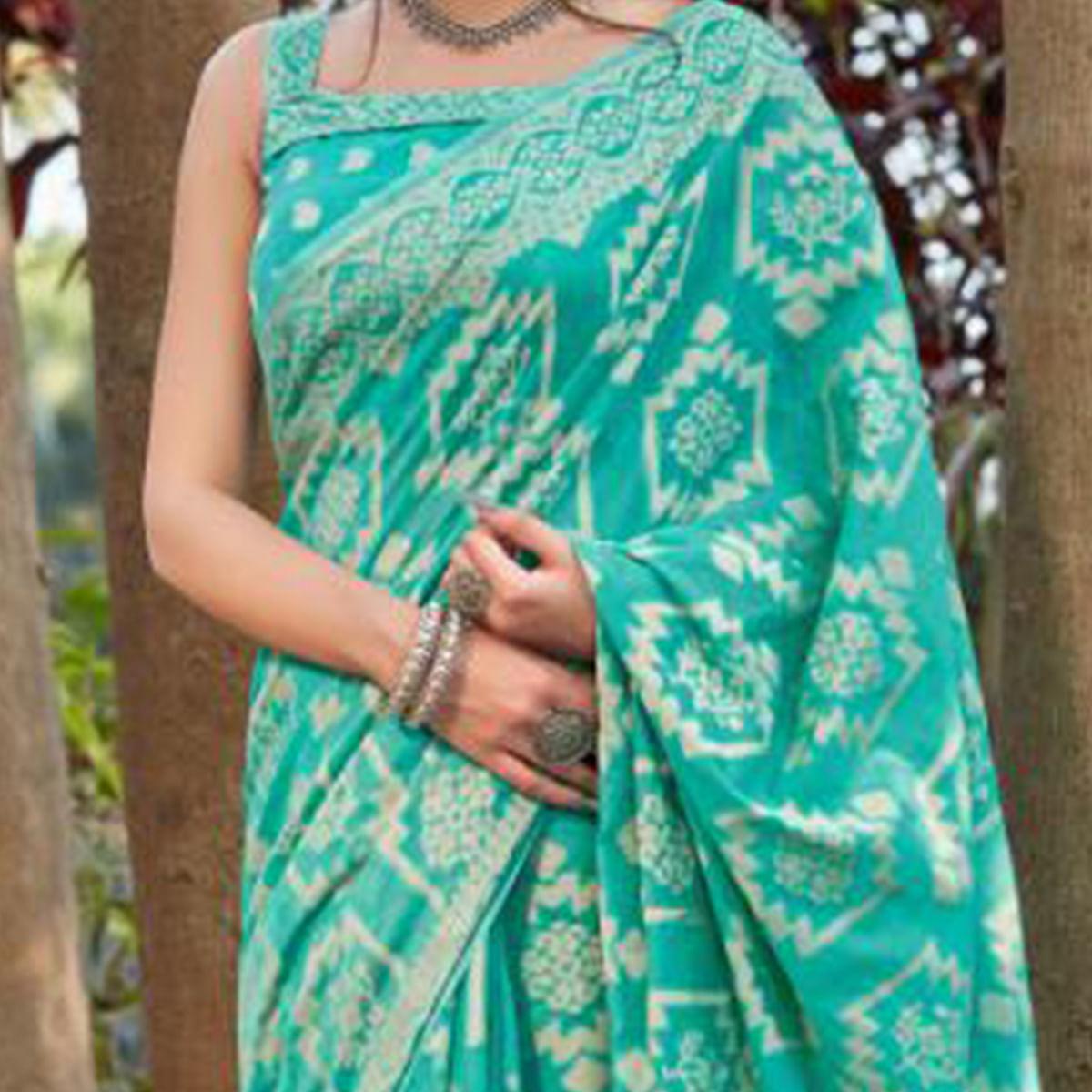 Graceful Turquooise Coloured Casual Wear Printed Lakhnavi Cotton Silk Saree - Peachmode