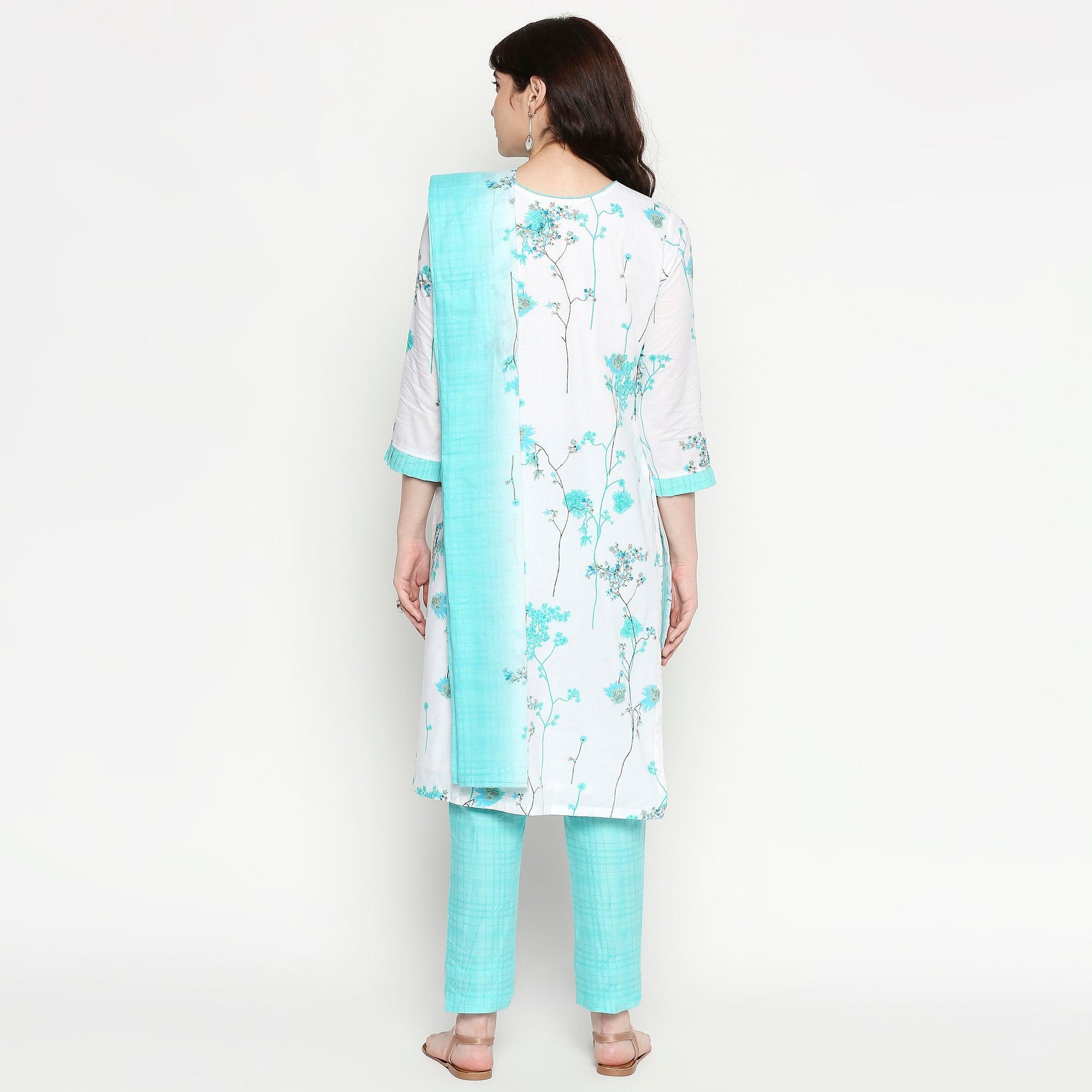 Graceful White-Blue Colored Casual Wear Floral Printed Cotton Kurti-Pant Set With Dupatta - Peachmode