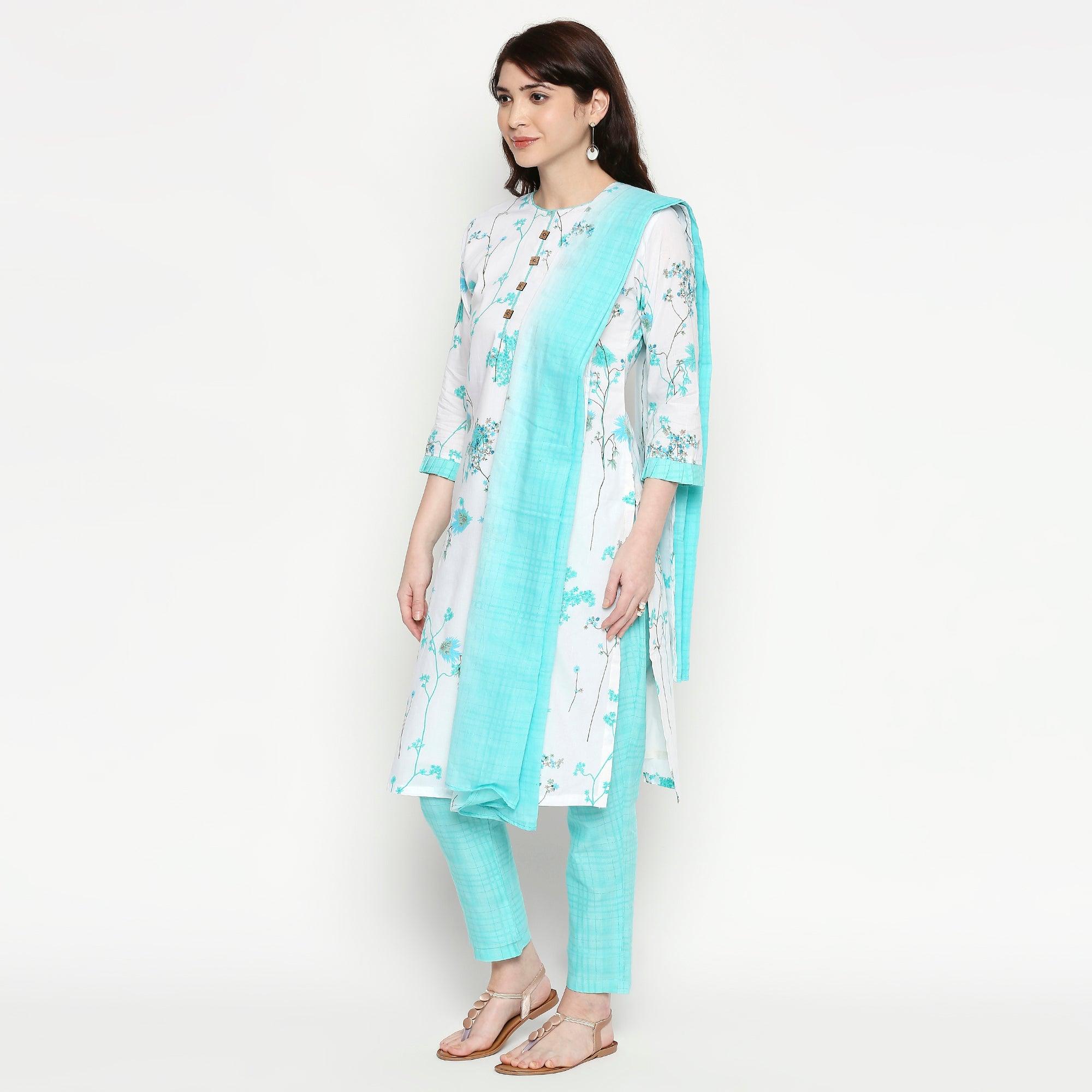 Graceful White-Blue Colored Casual Wear Floral Printed Cotton Kurti-Pant Set With Dupatta - Peachmode