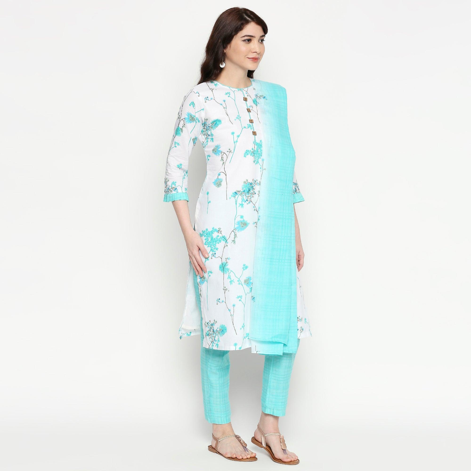 Graceful White-Blue Colored Casual Wear Floral Printed Cotton Kurti-Pant Set With Dupatta - Peachmode