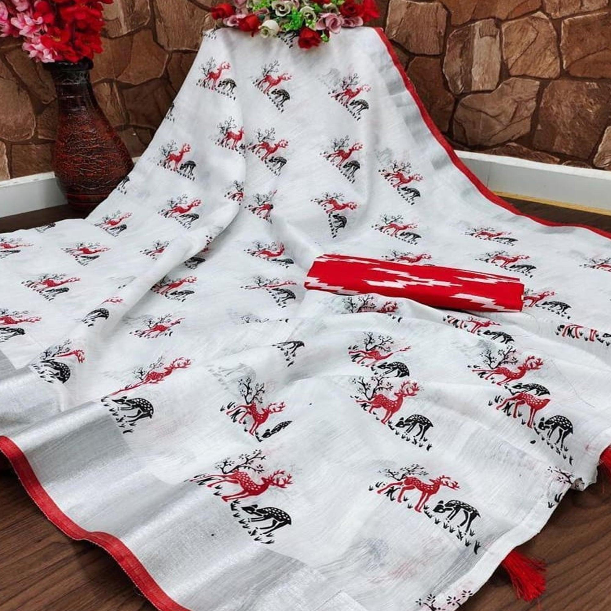 Graceful White - Red Colored Casual Wear Digital Printed Linen Saree - Peachmode