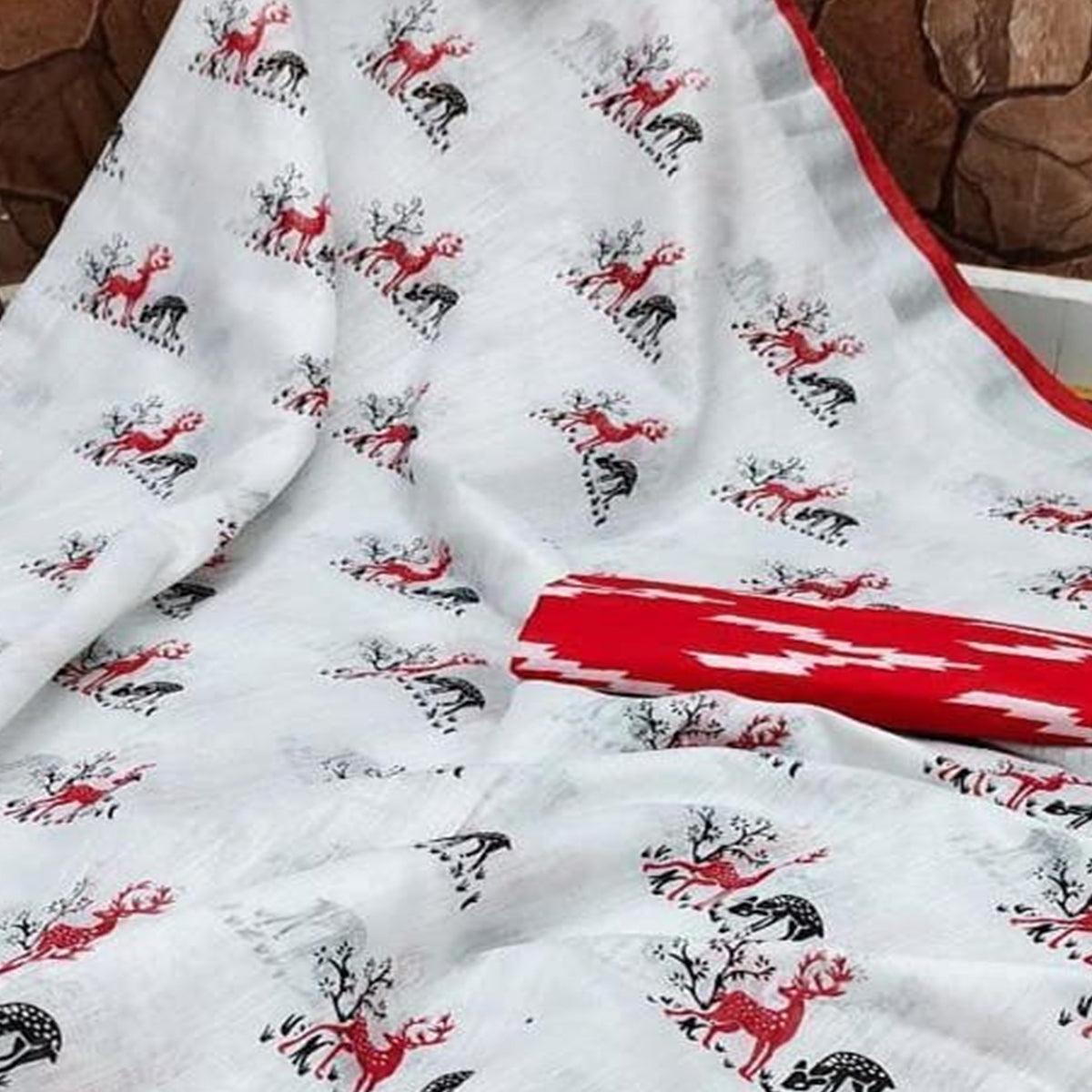 Graceful White - Red Colored Casual Wear Digital Printed Linen Saree - Peachmode