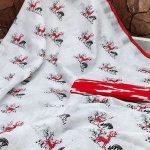Graceful White - Red Colored Casual Wear Digital Printed Linen Saree - Peachmode