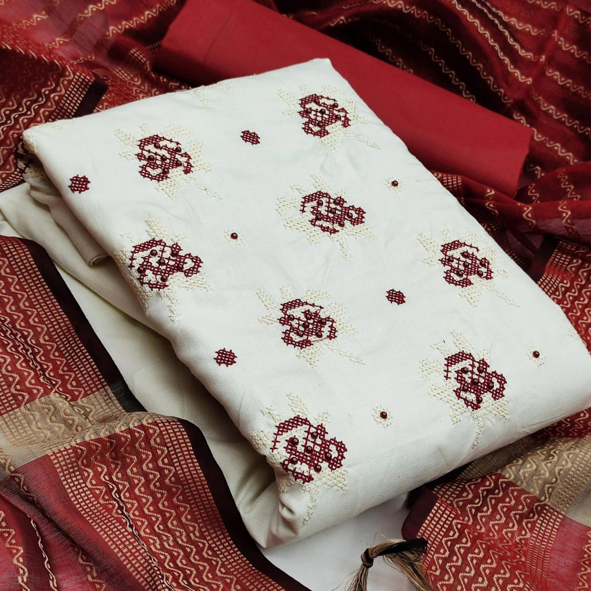 Graceful White - Red Colored Casual Wear Embroidered Cotton Dress Material - Peachmode