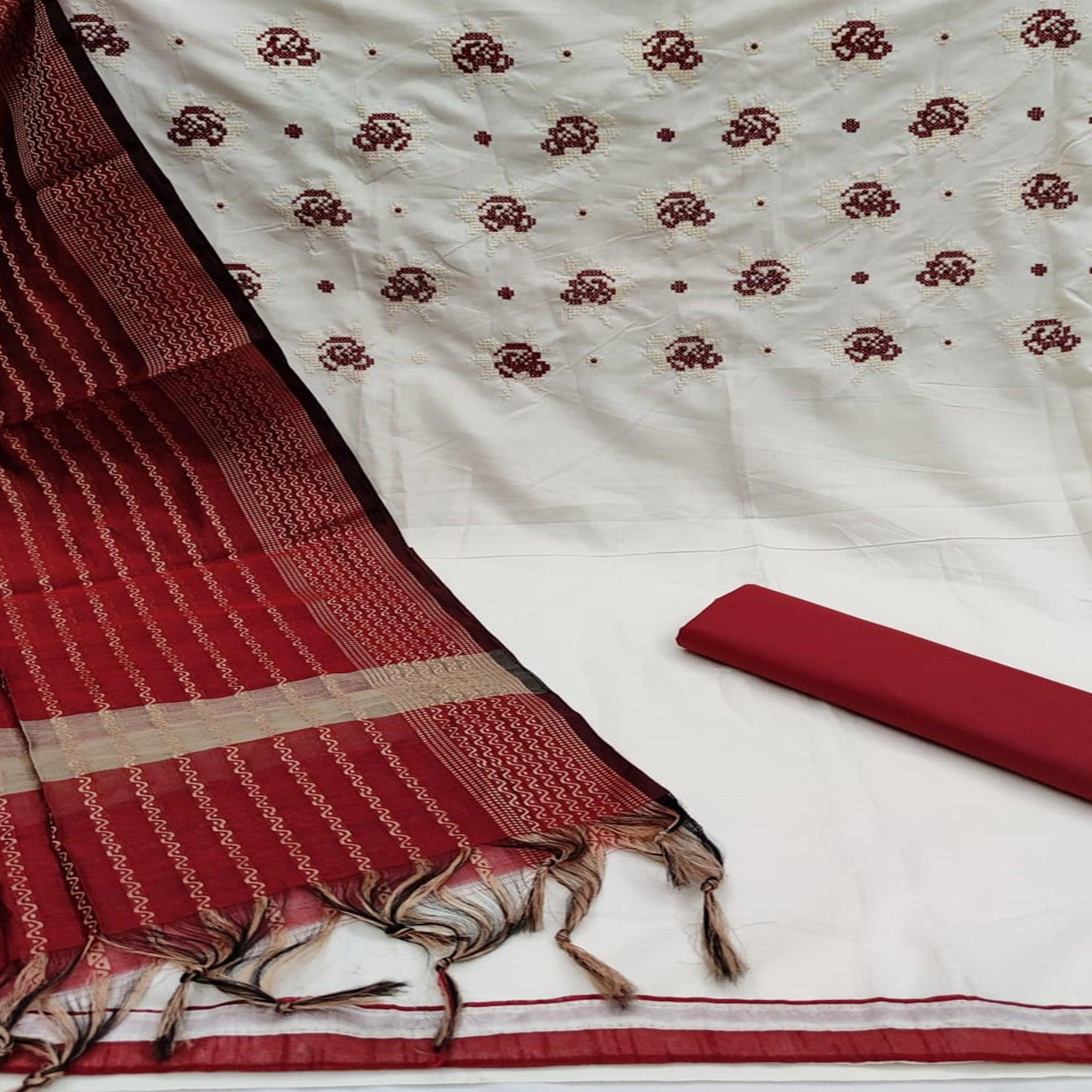 Graceful White - Red Colored Casual Wear Embroidered Cotton Dress Material - Peachmode