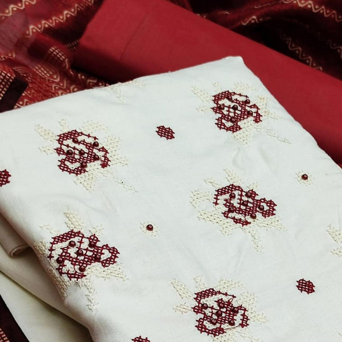 Graceful White - Red Colored Casual Wear Embroidered Cotton Dress Material - Peachmode