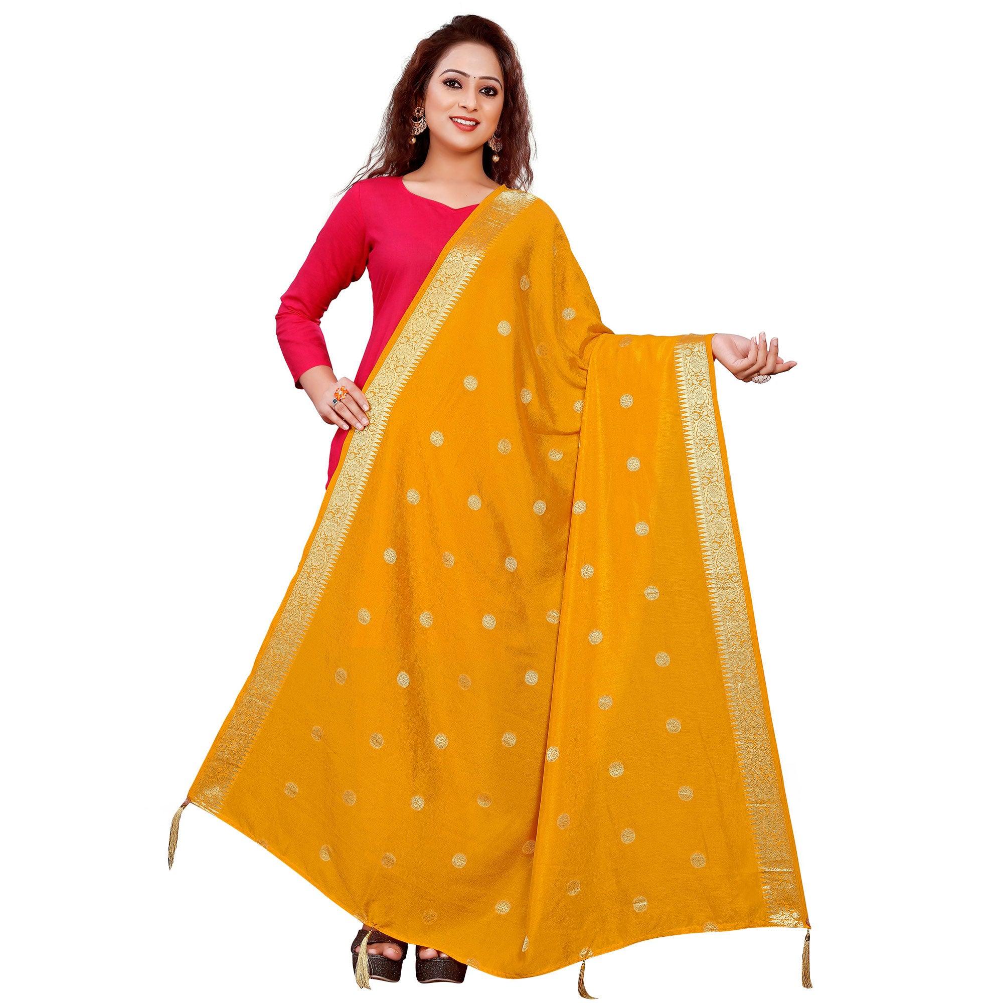 Graceful Yellow Colored Festive Wear Woven Art Silk-Viscose Dupatta With Tassels - Peachmode