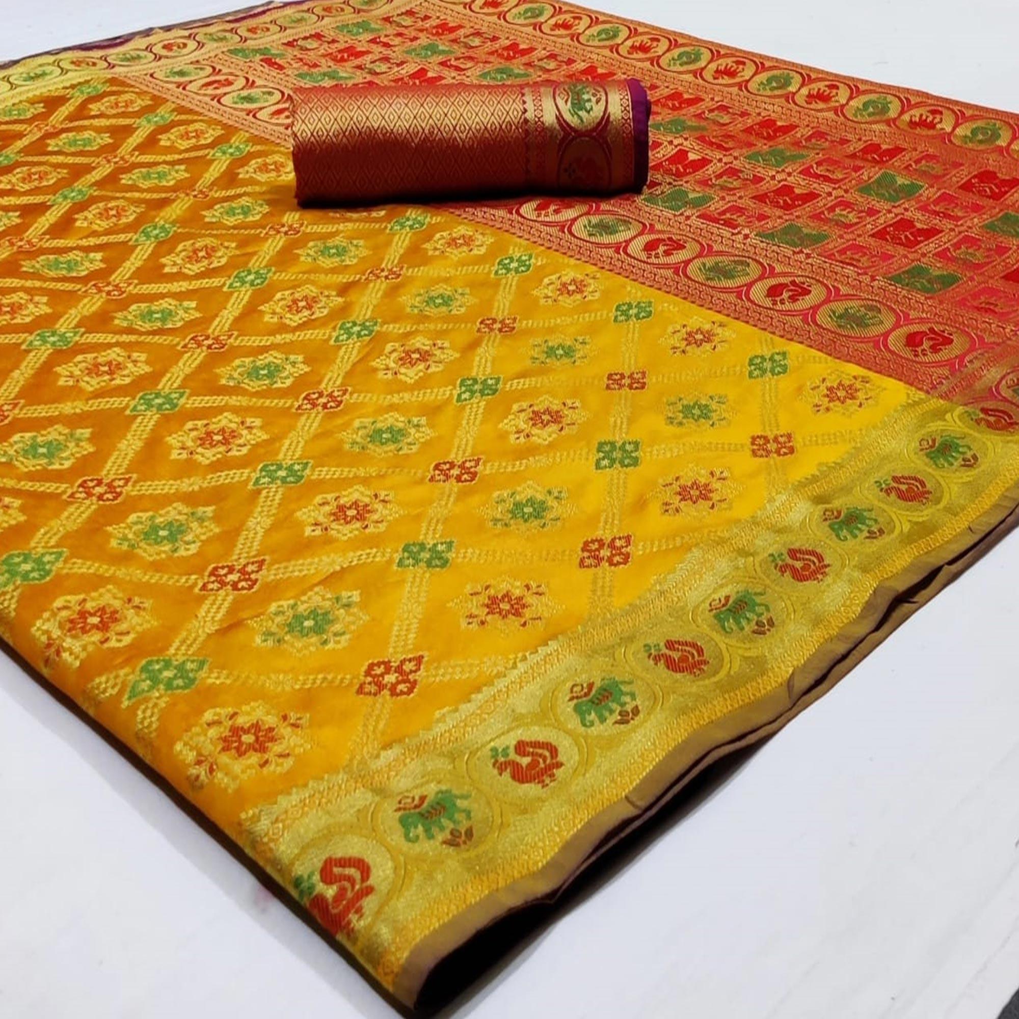 Graceful Yellow Colored Festive Wear Woven Silk Saree - Peachmode