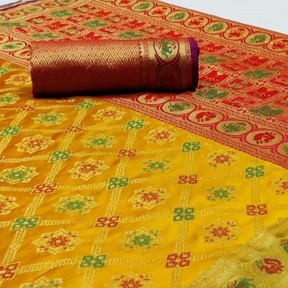 Graceful Yellow Colored Festive Wear Woven Silk Saree - Peachmode