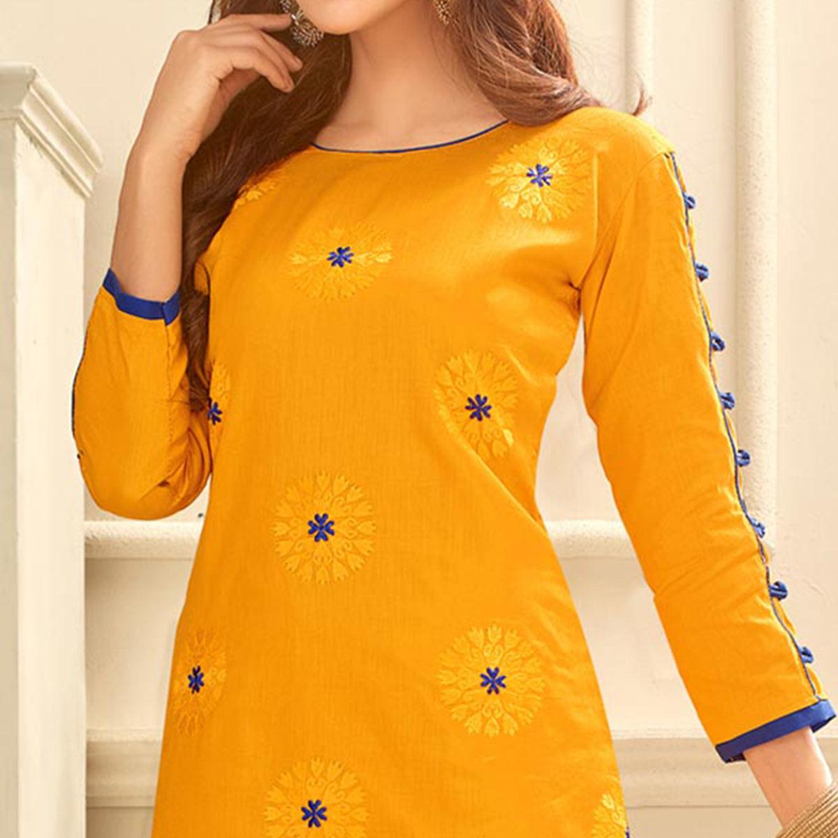 Graceful Yellow Colored Partywear Embroidered Cotton Suit With Pure Banarasi Silk Dupatta - Peachmode
