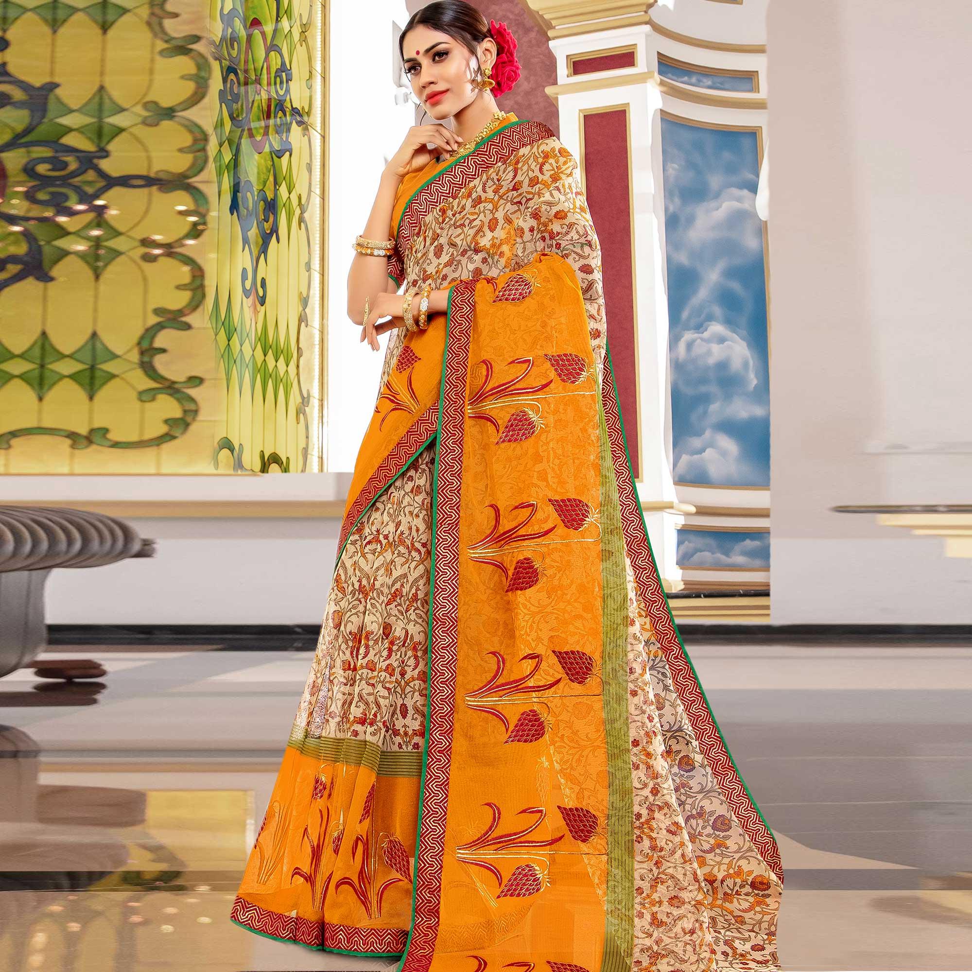 Graceful Yellow Colored Partywear Embroidered Silk Saree - Peachmode