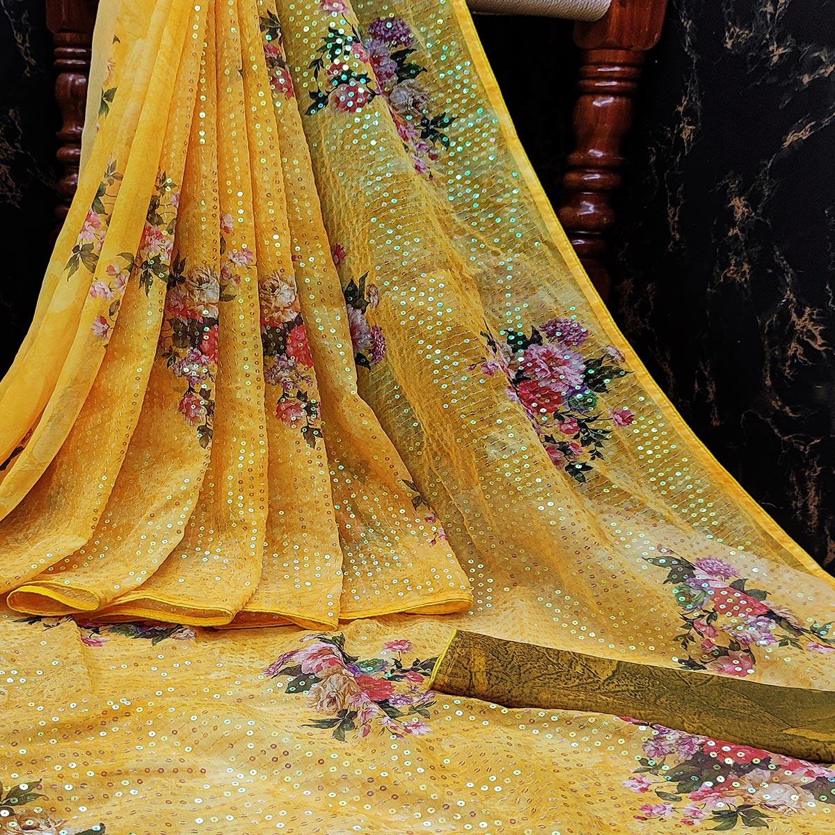 Graceful Yellow Colored Partywear Printed And Sequins Embroidered Georgette Saree - Peachmode