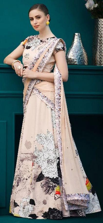 Gratifying Cream Colored Designer Partywear Digital Printed Silk Lehenga Choli - Peachmode