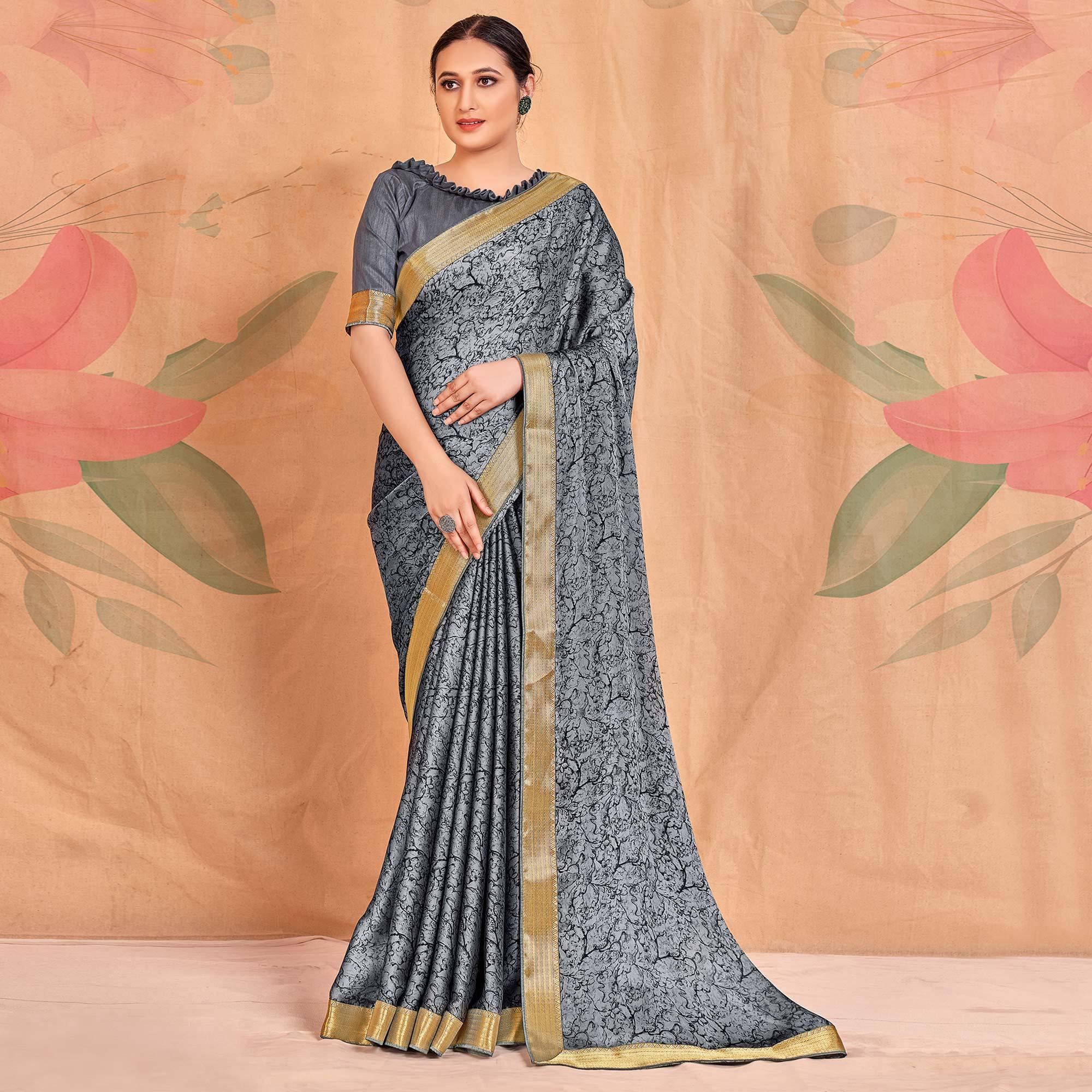 Gray Casual Wear Printed Chiffon Saree With Banarasi Lace - Peachmode