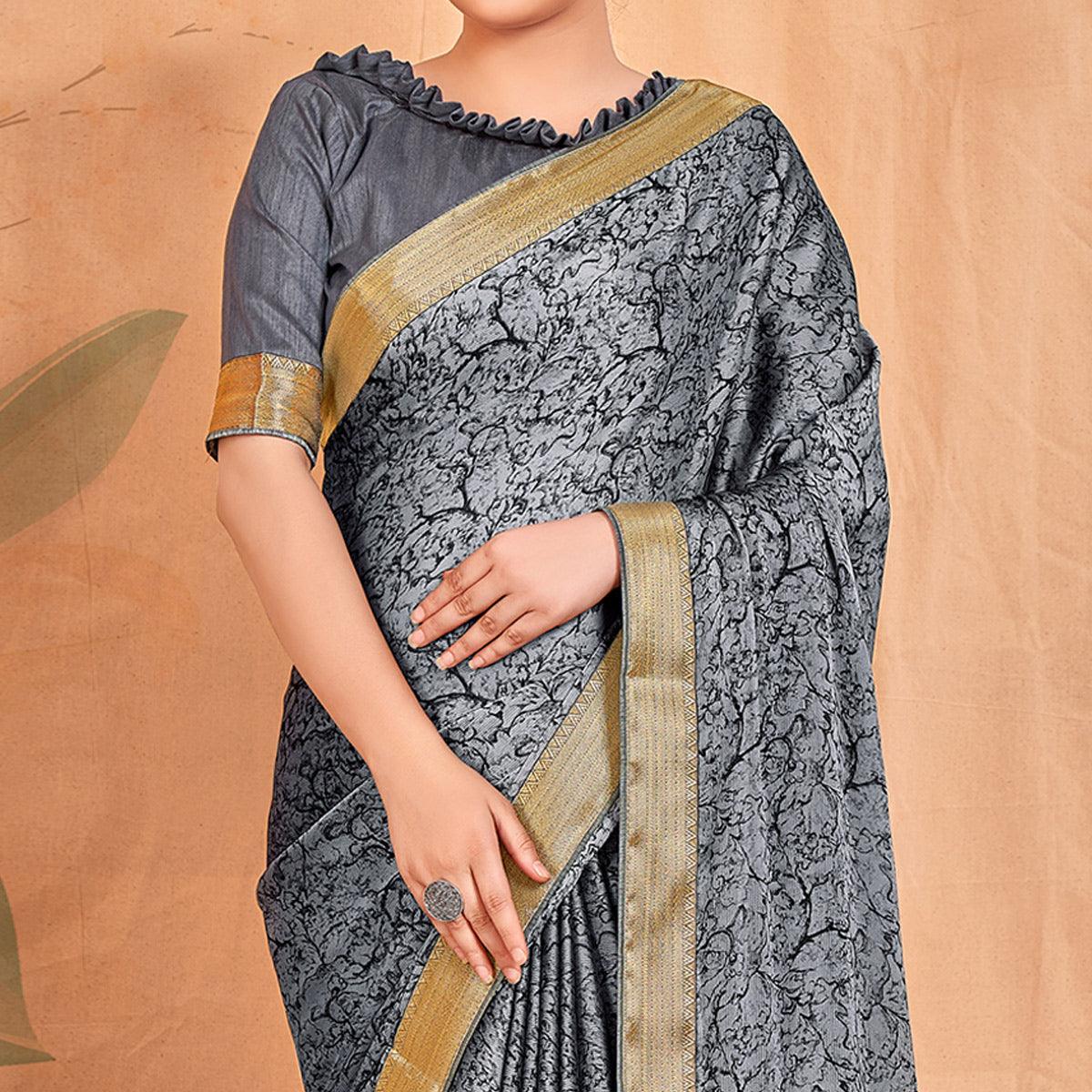 Gray Casual Wear Printed Chiffon Saree With Banarasi Lace - Peachmode