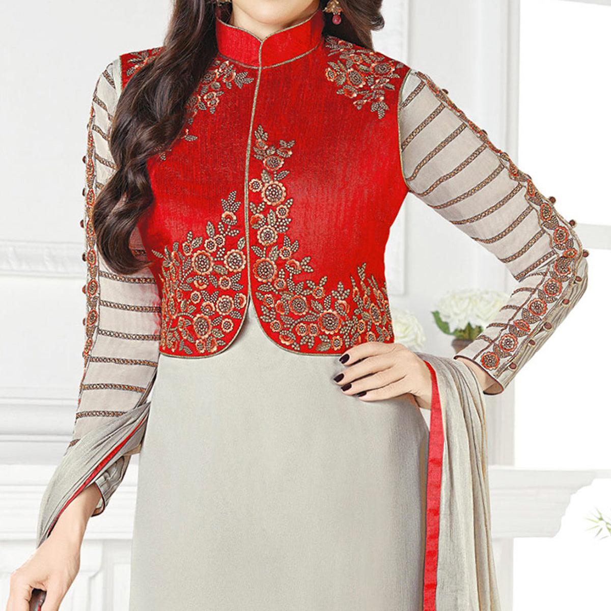 Gray Embroidered Georgette Salwar Suit - Peachmode