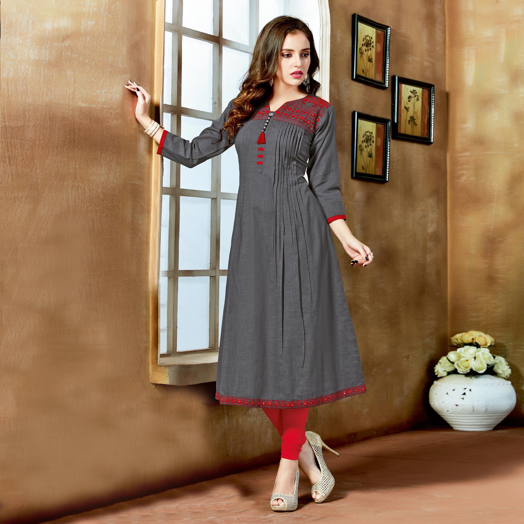 Gray Embroidered Pure Cotton Kurti - Peachmode