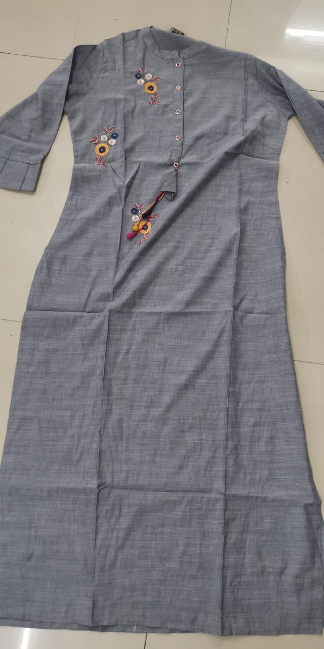 Gray Floral Embroidered Rayon Kurti - Peachmode