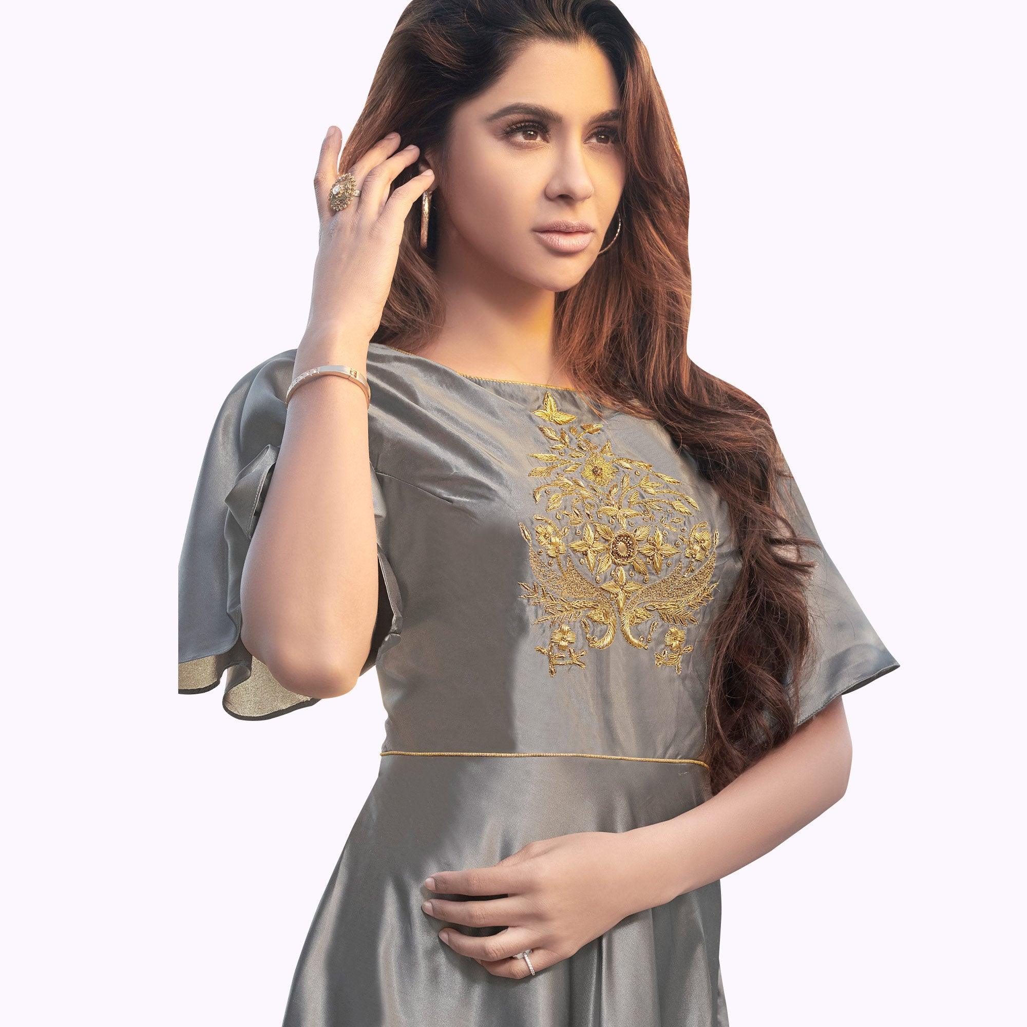 Gray Floral Embroidered Tapeta Silk Gown - Peachmode