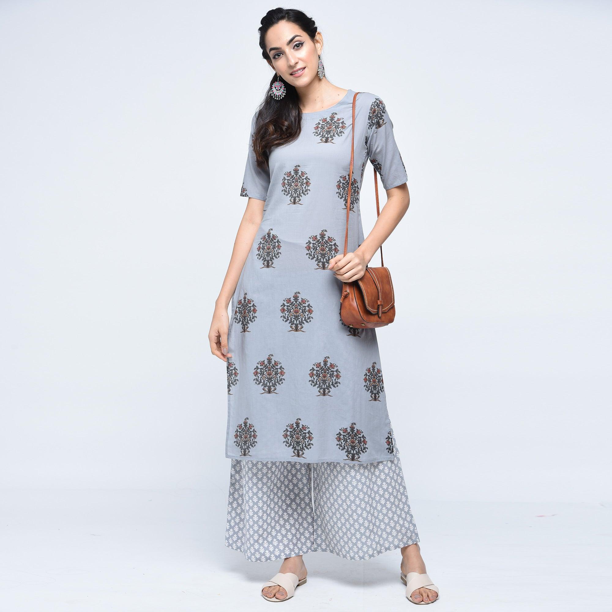 Gray Floral Printed Pure Cotton Palazzo Suit - Peachmode