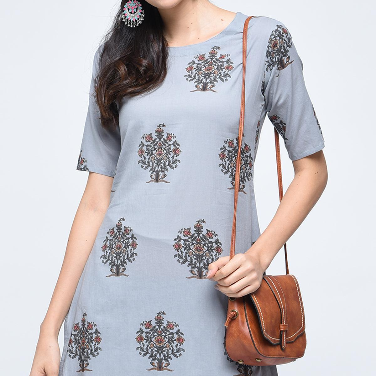 Gray Floral Printed Pure Cotton Palazzo Suit - Peachmode