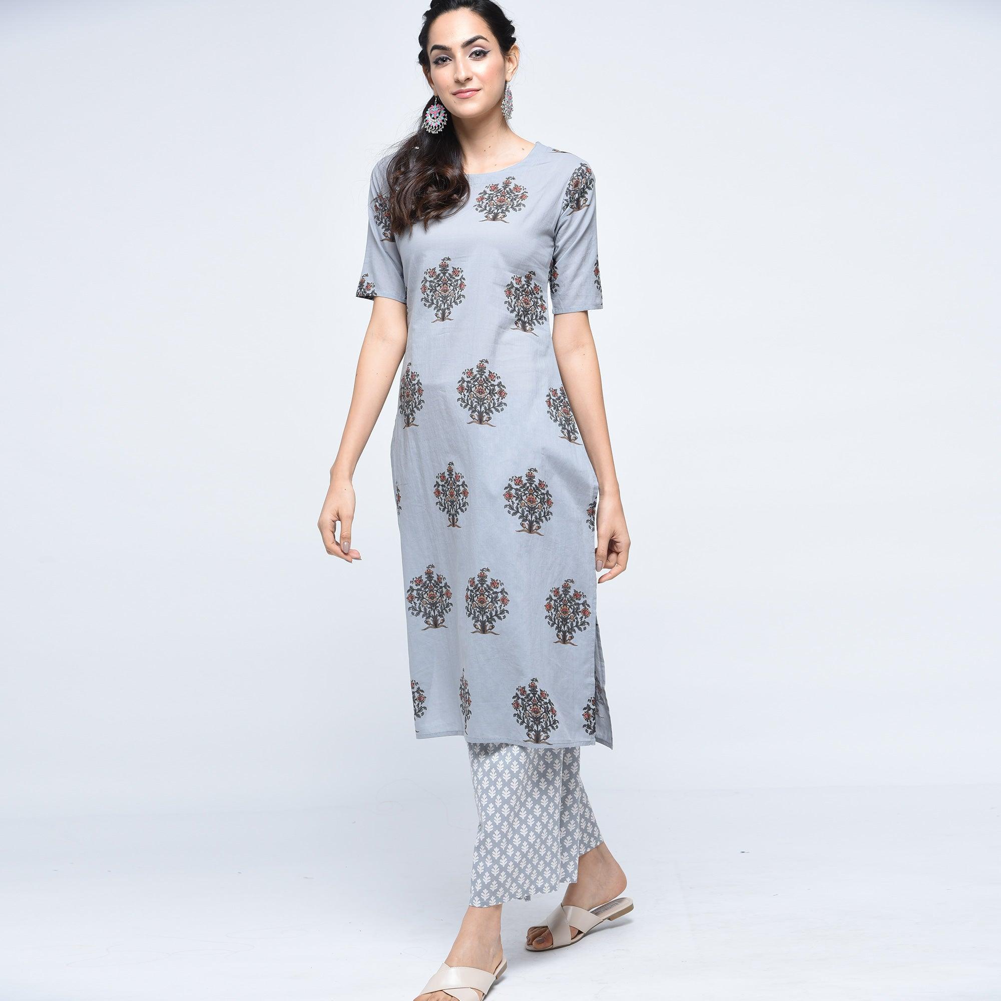 Gray Floral Printed Pure Cotton Palazzo Suit - Peachmode