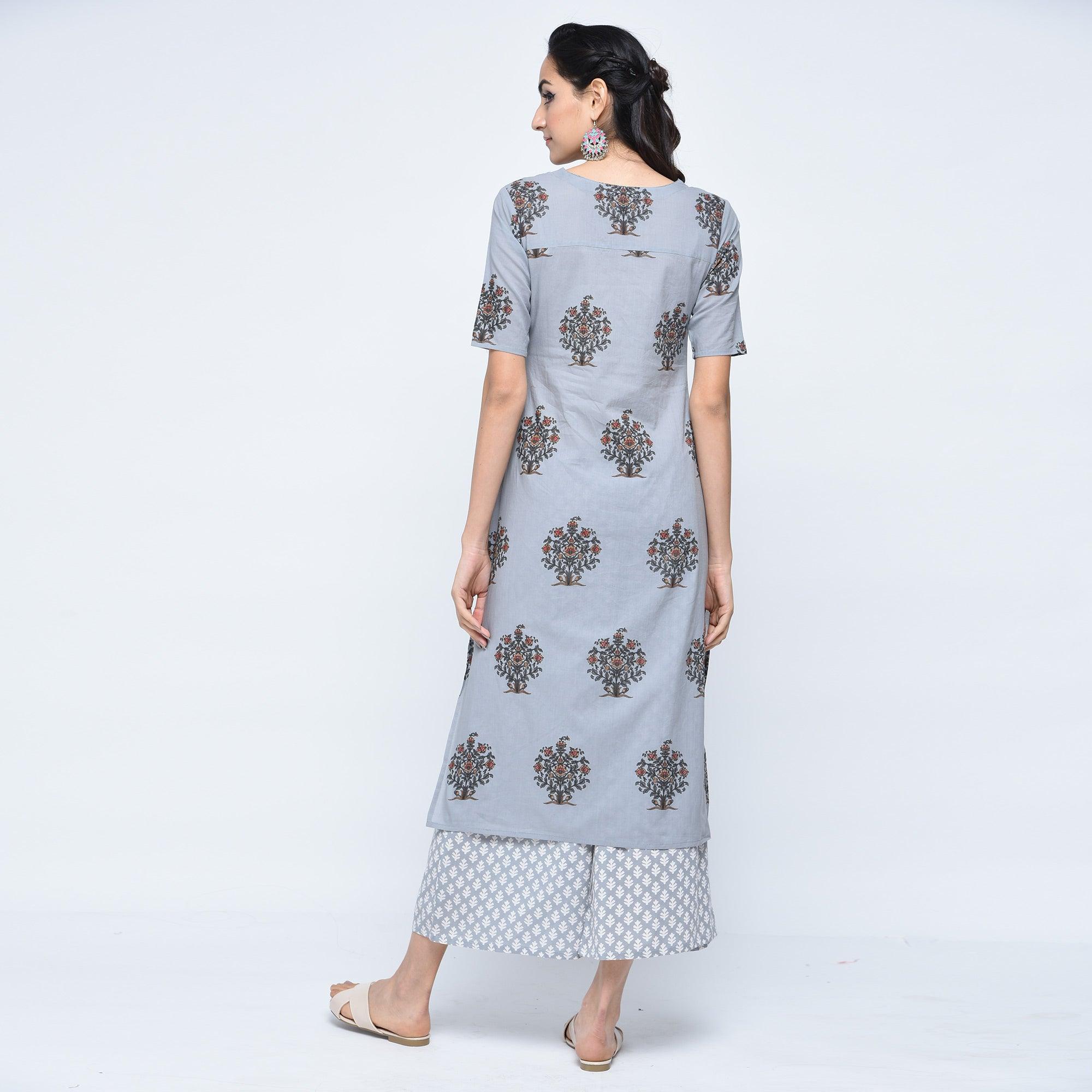 Gray Floral Printed Pure Cotton Palazzo Suit - Peachmode