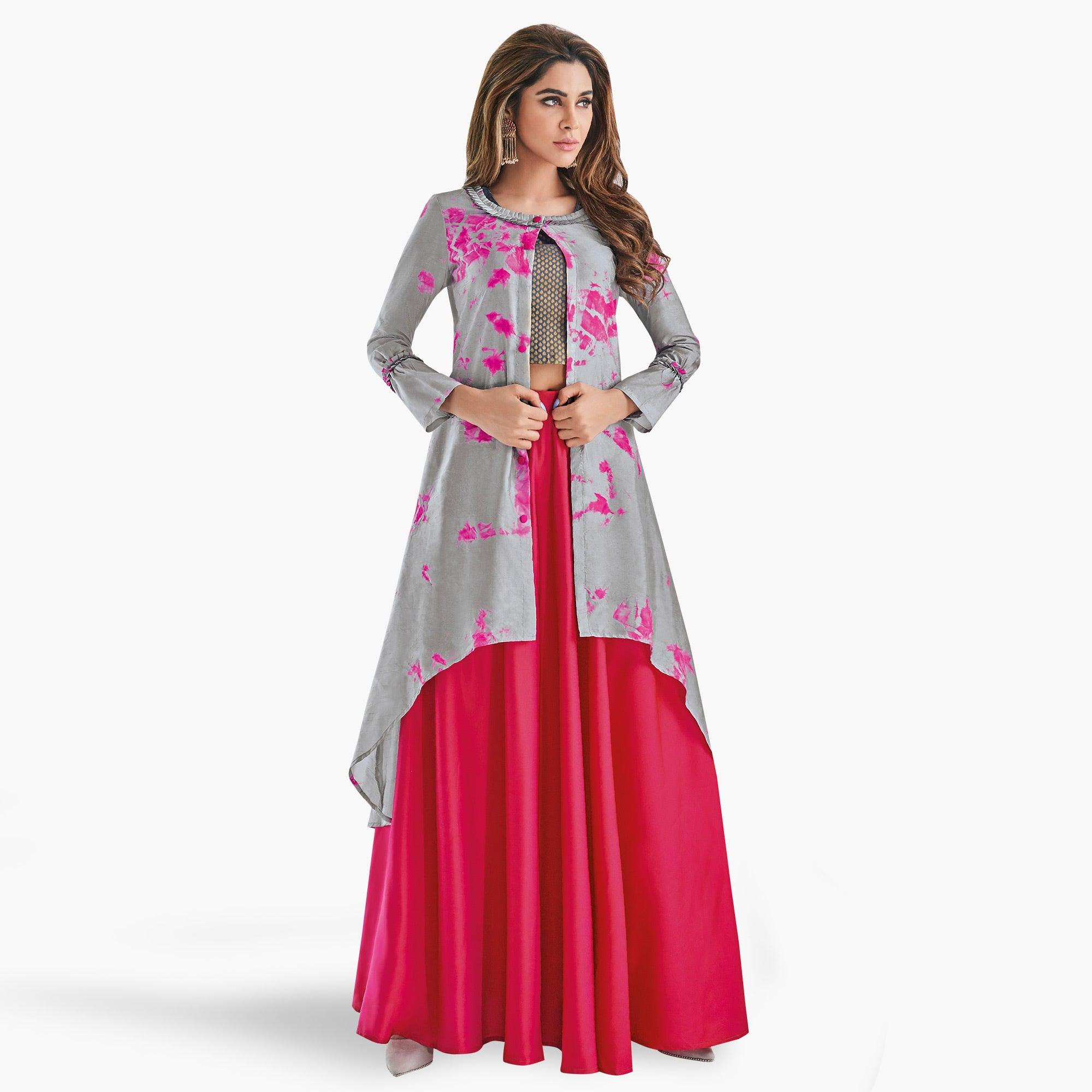 Gray-Hot Pink Printed Art Silk Lehenga Choli With Koti - Peachmode