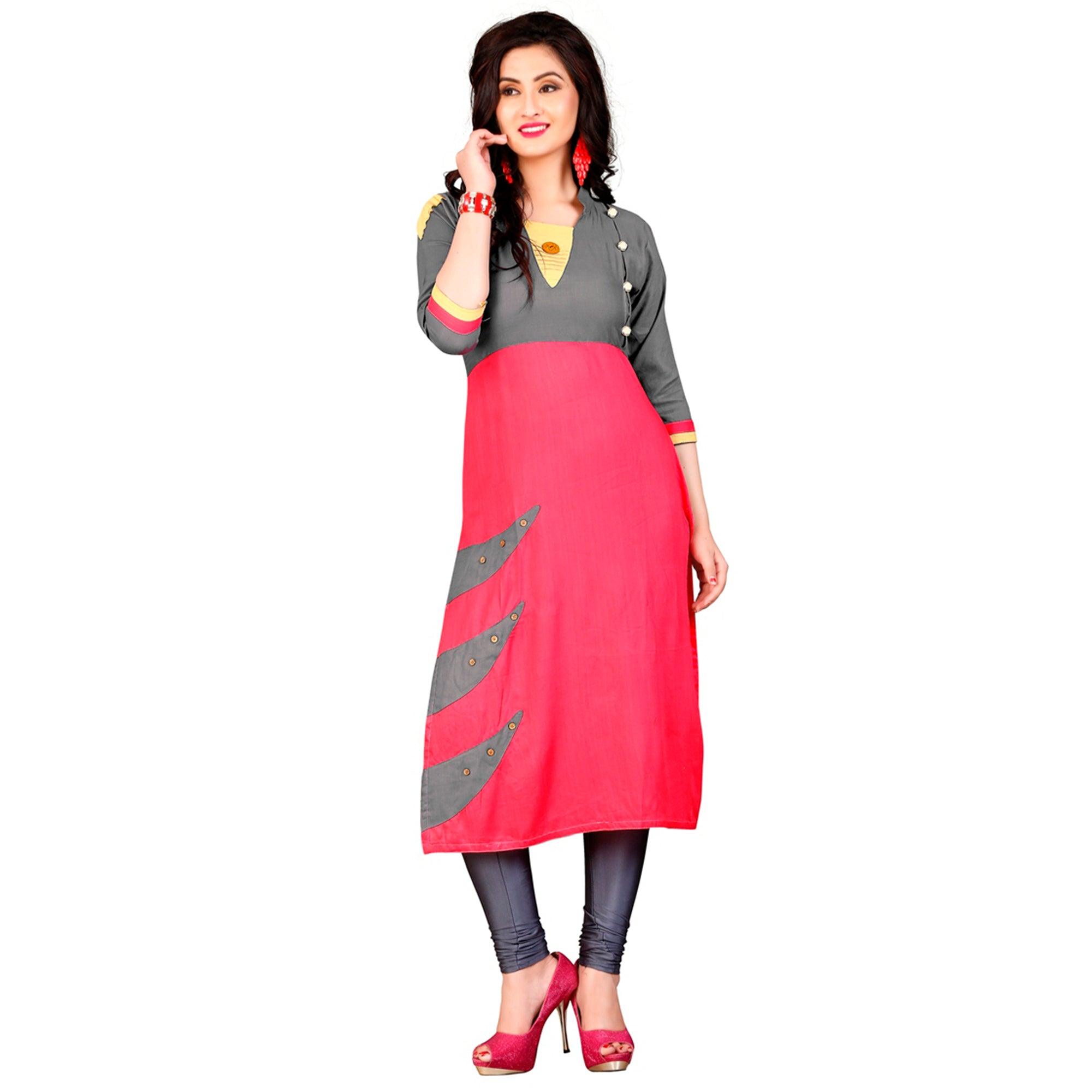 Gray-Pink Colored Casual Rayon Kurti - Peachmode