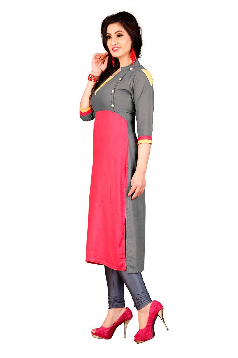 Gray-Pink Colored Casual Rayon Kurti - Peachmode