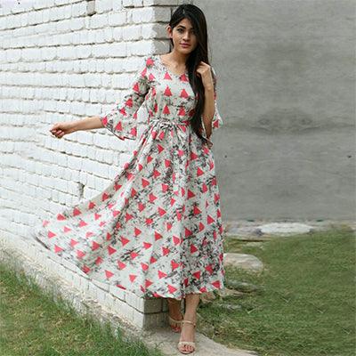 Gray-Pink Printed Rayon Dress - Peachmode