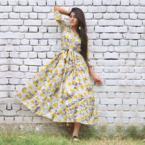Gray-Yellow Printed Rayon Dress - Peachmode