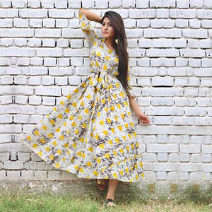 Gray-Yellow Printed Rayon Dress - Peachmode