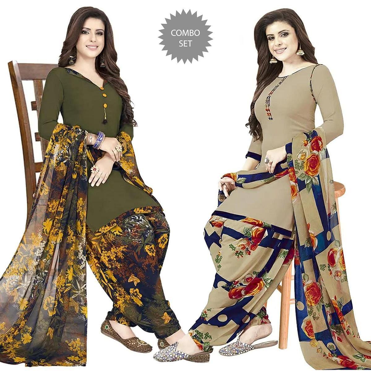 Green And Beige Printed Crepe Patiala Dress Material Pack of 2 - Peachmode